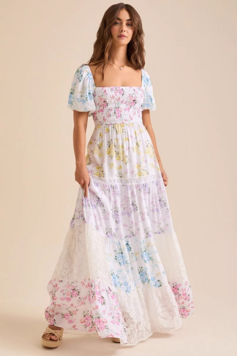 Elegant Floral Print Short Sleeve A-Line Midi Dress-ROVOLE