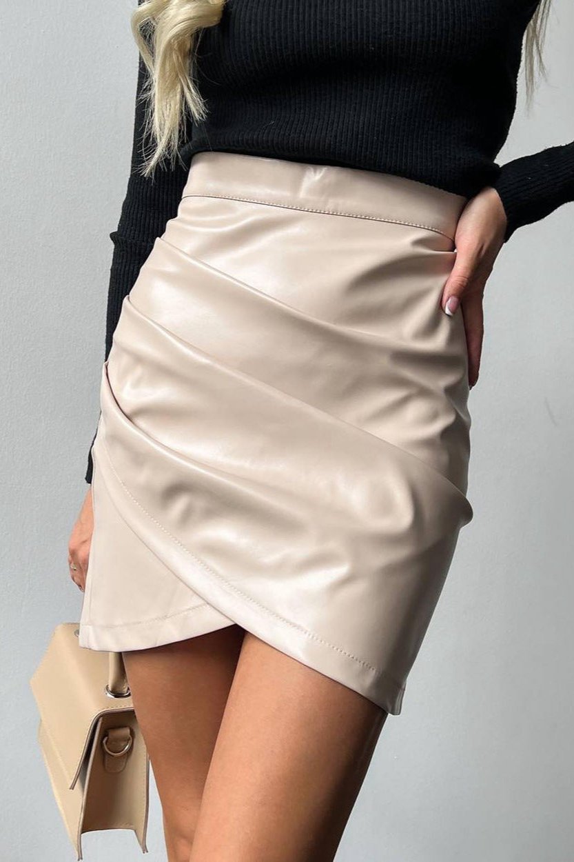 Faux Leather Wrap Ruched High Waisted Mini Skirt-ROVOLE
