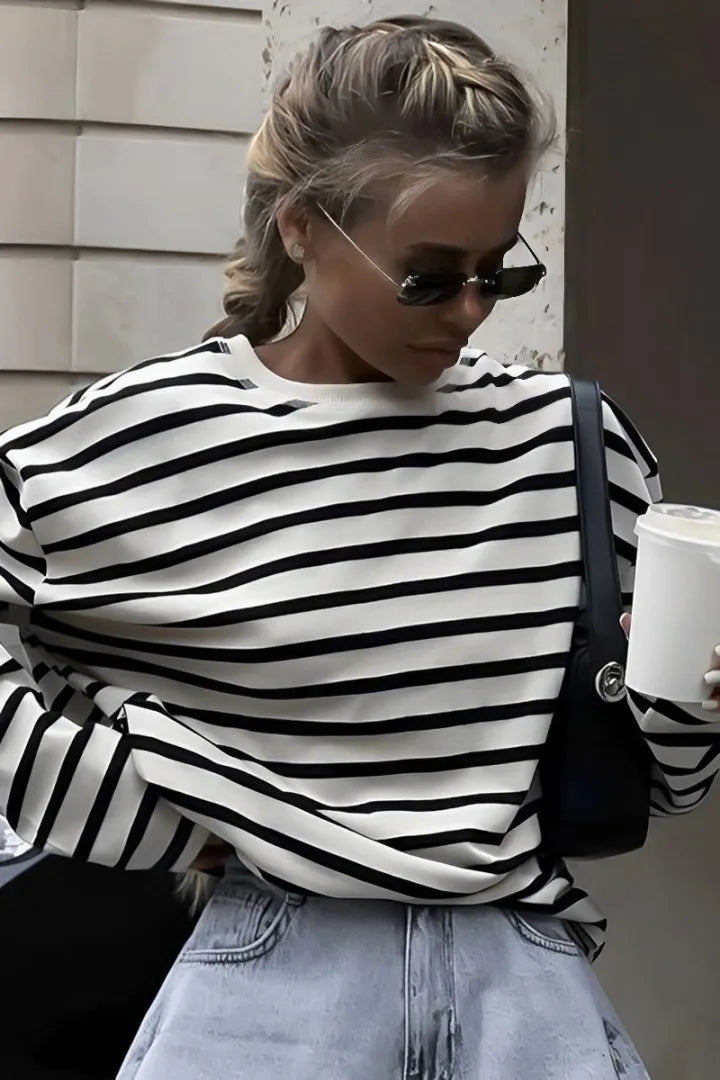 Round Neck Shirt Black Stripe Blouse-ROVOLE