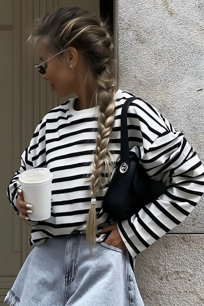 Round Neck Shirt Black Stripe Blouse-ROVOLE