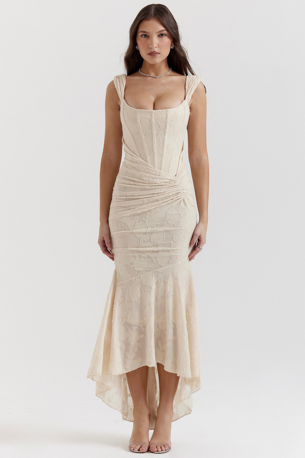 Octavie Ruched Corset Maxi Dress In Beige-ROVOLE