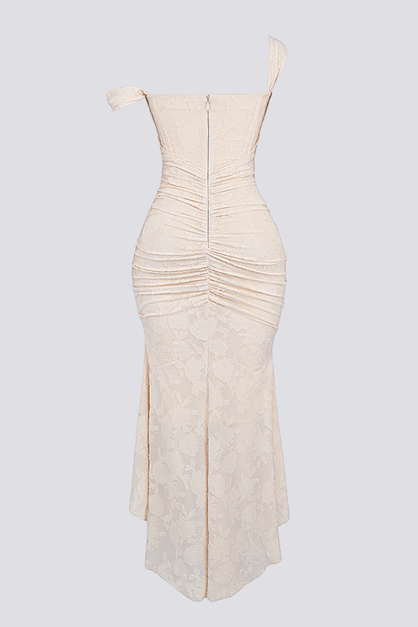 Octavie Ruched Corset Maxi Dress In Beige-ROVOLE
