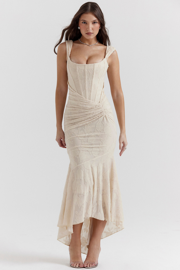 Octavie Ruched Corset Maxi Dress In Beige-ROVOLE