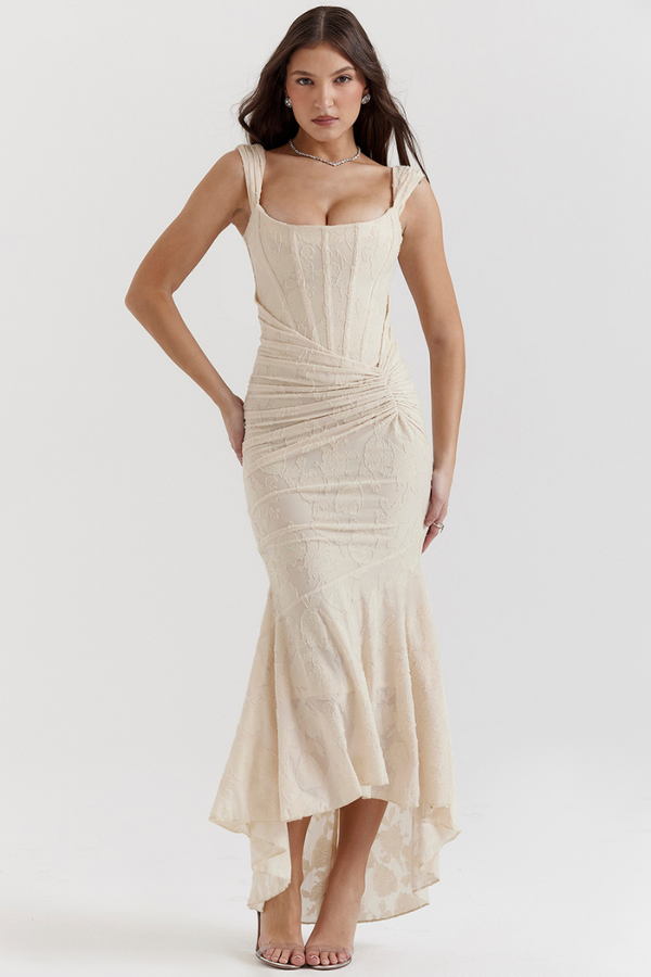 Octavie Ruched Corset Maxi Dress In Beige-ROVOLE