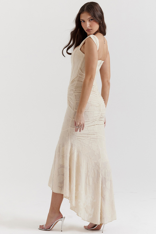 Octavie Ruched Corset Maxi Dress In Beige-ROVOLE