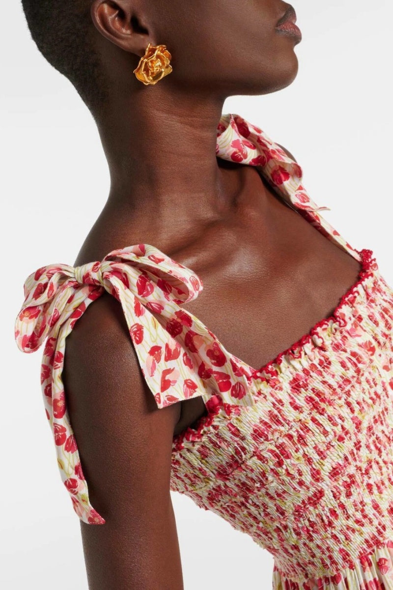 Poupette St Barth Triny Polka-dot Shirred Midi Dress-ROVOLE