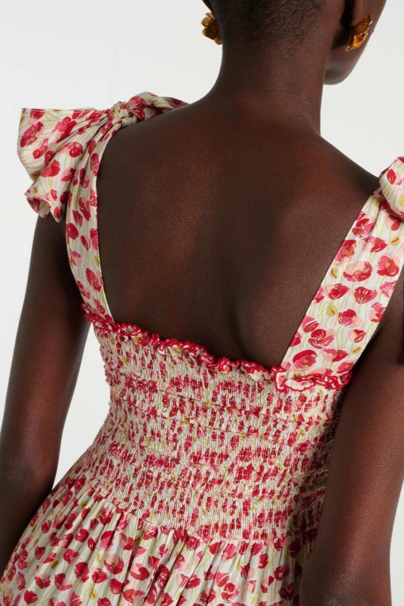 Poupette St Barth Triny Polka-dot Shirred Midi Dress-ROVOLE