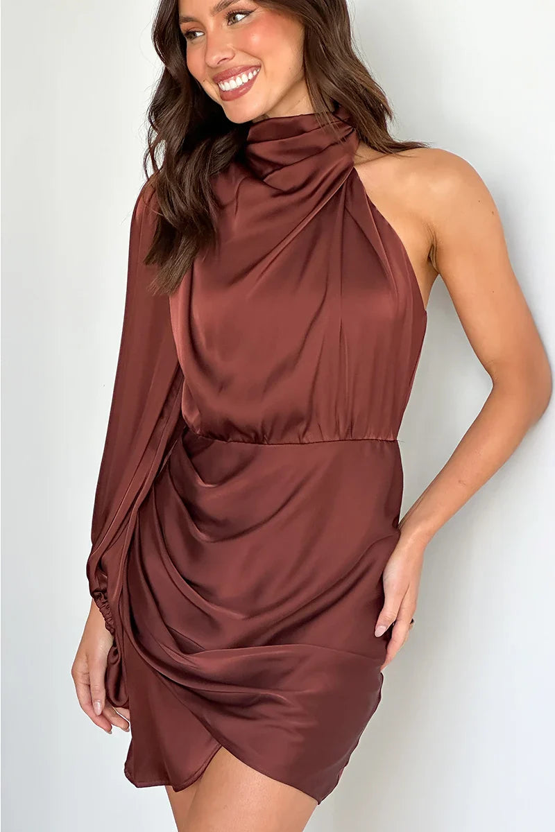 Lexi One Shoulder Mini Dress - Brown-ROVOLE