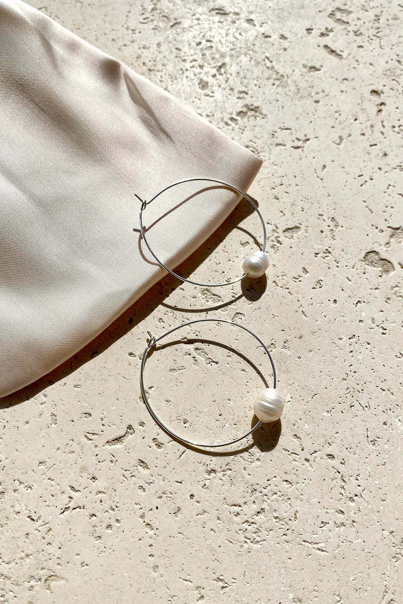 Simple Pearl Fine Wire Hoops - Cream/Silver-ROVOLE