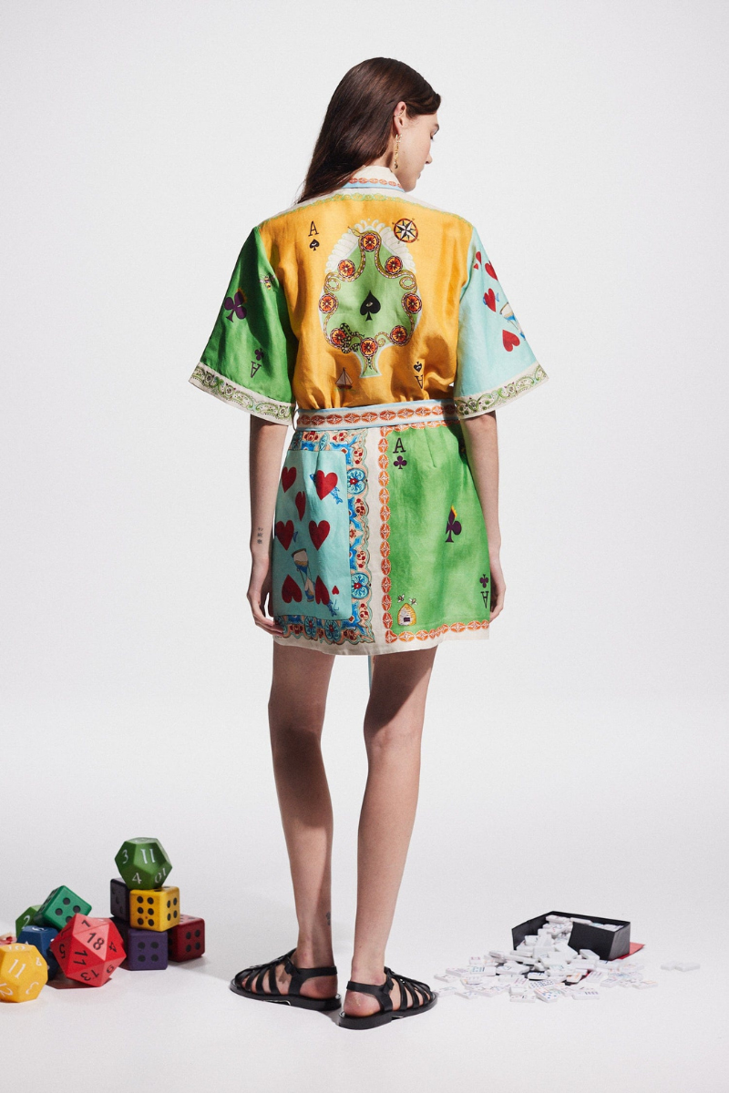 Prunelle Patchwork Poker Print Mini Dress-ROVOLE