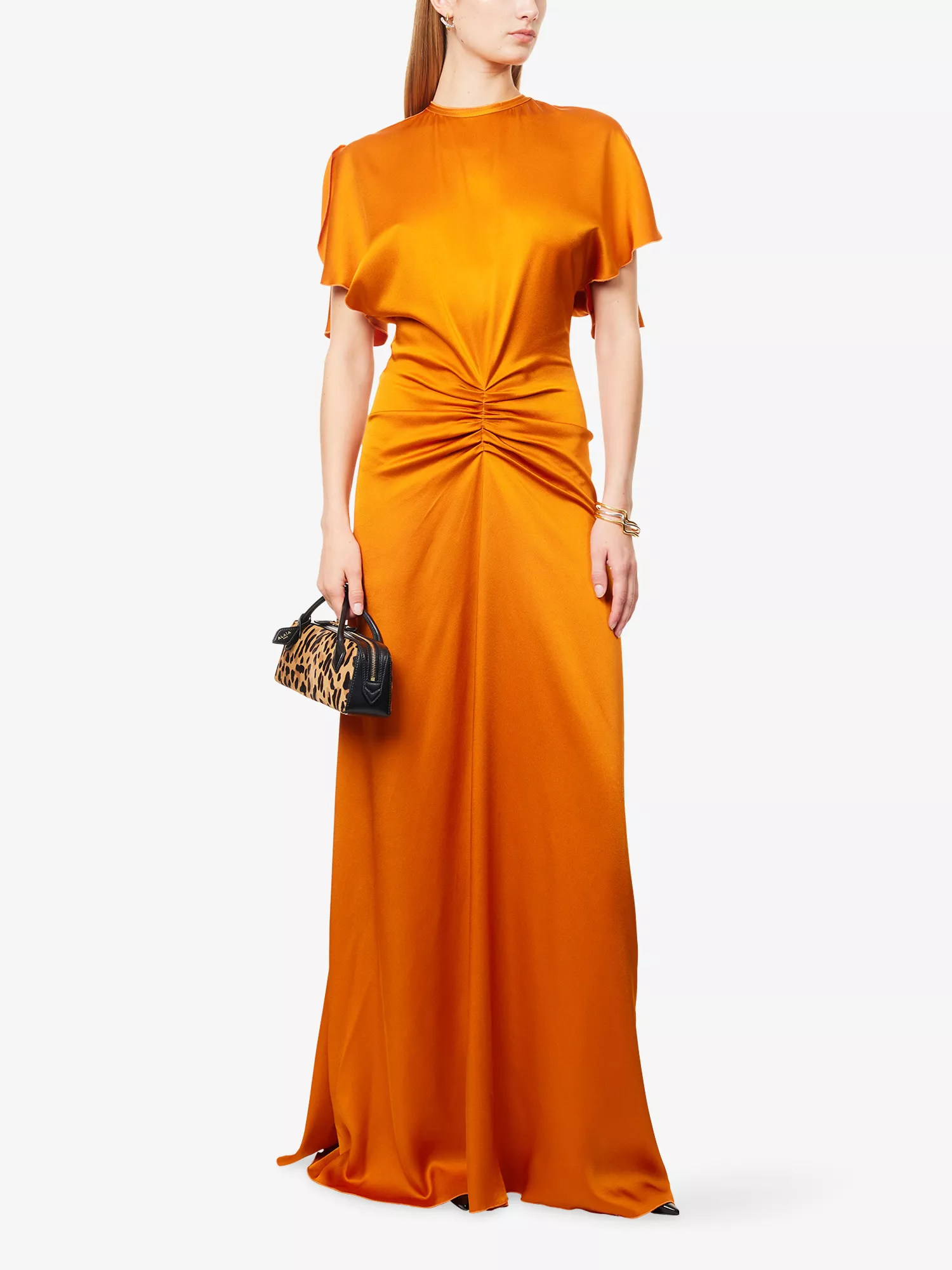 Draped Short-Sleeve Satin Maxi Dress