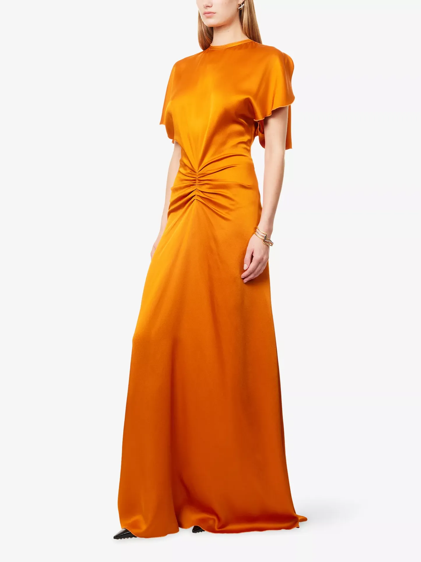 Draped Short-Sleeve Satin Maxi Dress