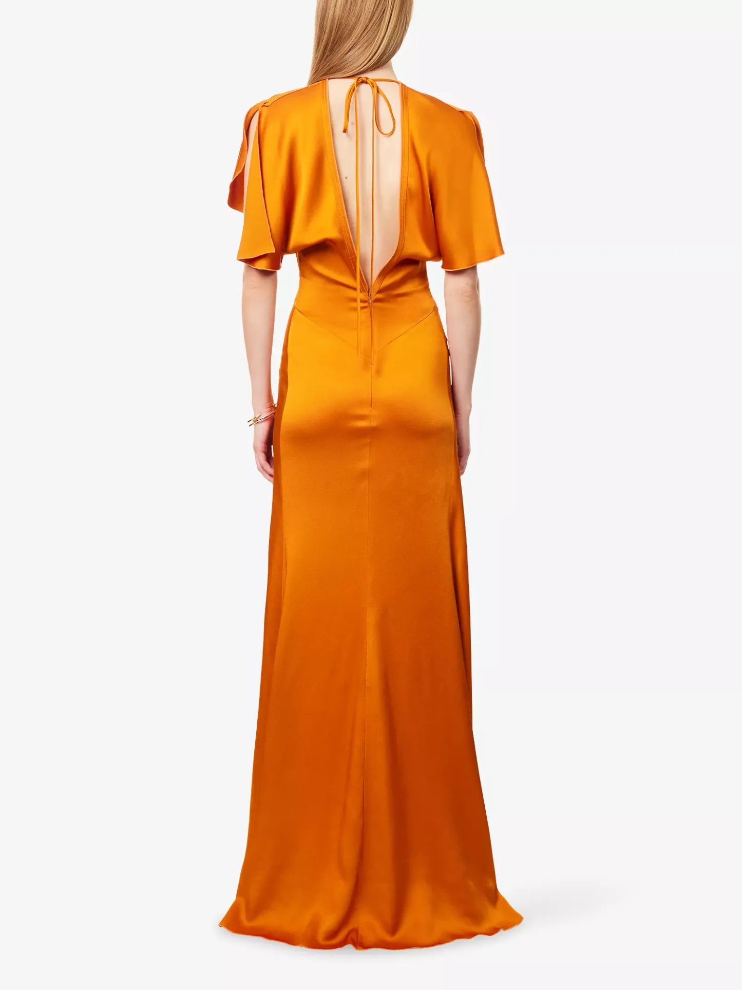 Draped Short-Sleeve Satin Maxi Dress