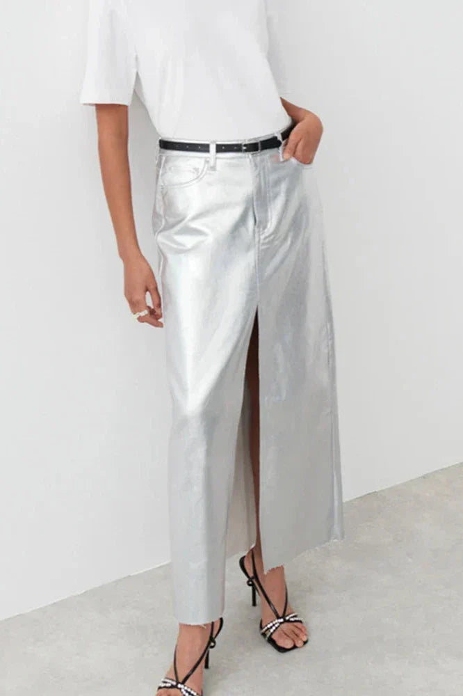 Silver High Waist Pencil Maxi Skirt-ROVOLE