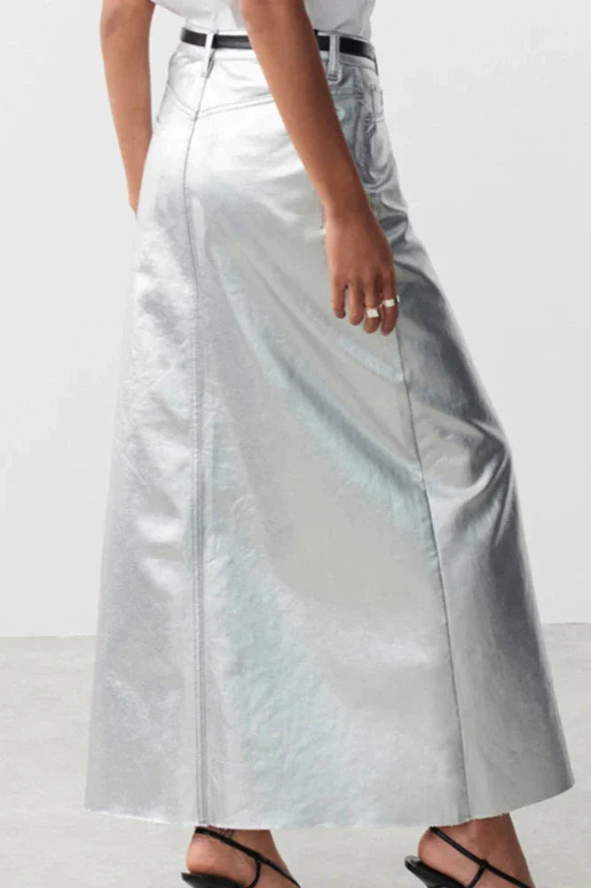 Silver High Waist Pencil Maxi Skirt-ROVOLE