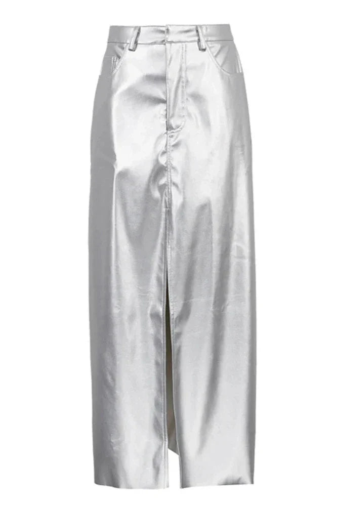 Silver High Waist Pencil Maxi Skirt-ROVOLE