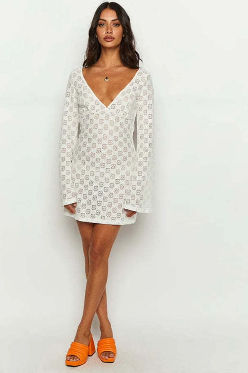 White Printed Low-cut Back  Mini Dress-ROVOLE