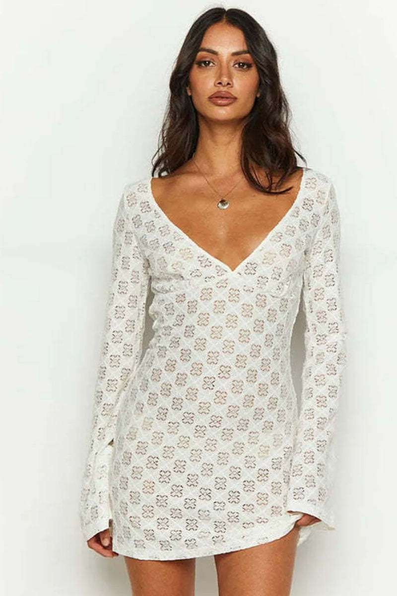 White Printed Low-cut Back  Mini Dress-ROVOLE