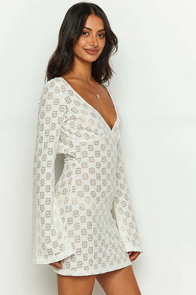 White Printed Low-cut Back  Mini Dress-ROVOLE