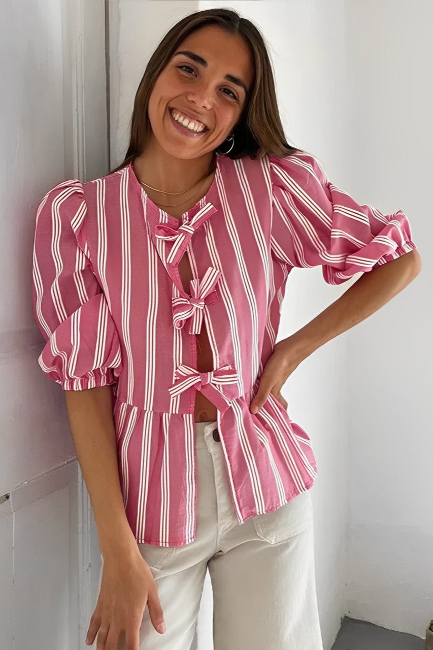 Stripes Puff Sleeve Peplum Bow Ties Blouse-ROVOLE