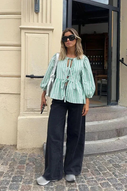 Green Stripes Puff Sleeve Peplum Bow Ties Blouse Short Top-ROVOLE