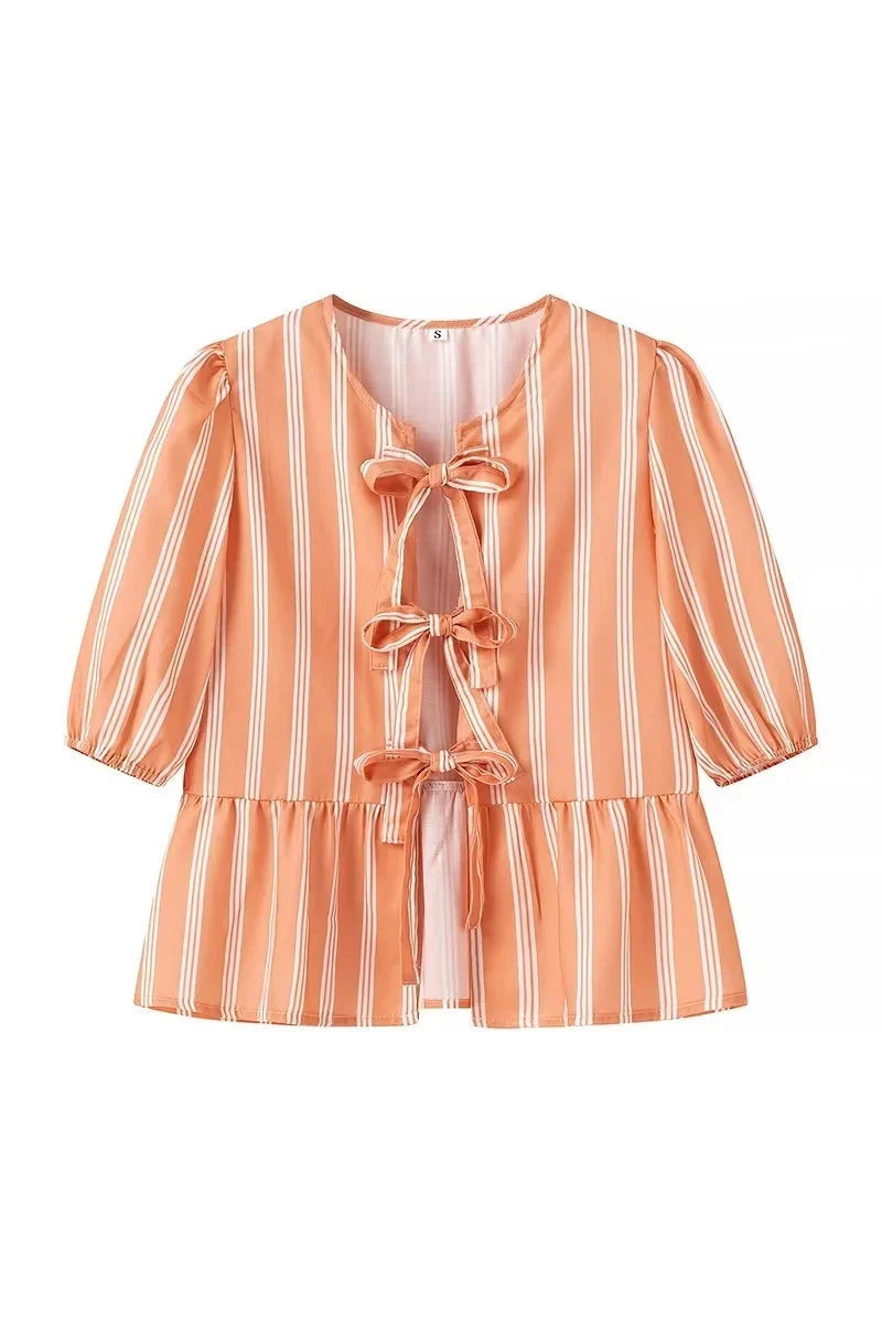 Stripes Puff Sleeve Peplum Bow Ties Blouse-ROVOLE