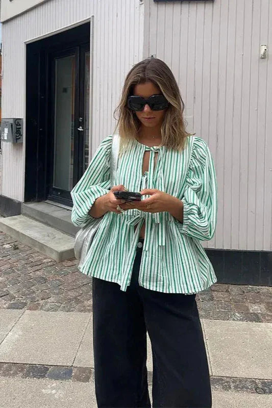 Green Stripes Puff Sleeve Peplum Bow Ties Blouse Short Top-ROVOLE