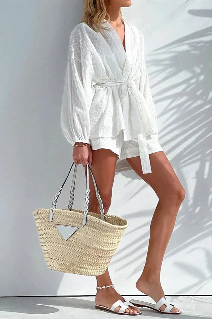 White Jacquard Weave Waisted Two Piece Set-ROVOLE