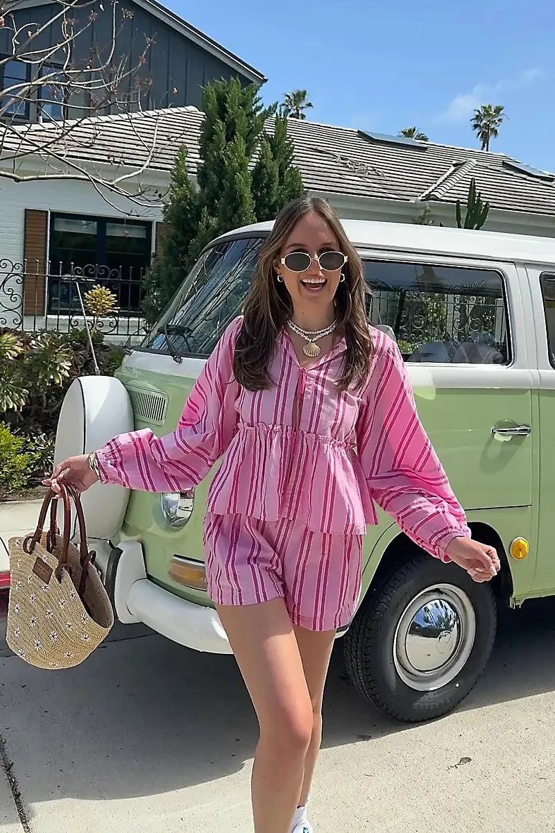 Lantern Sleeve Stripe Shirt Shorts Sets-ROVOLE