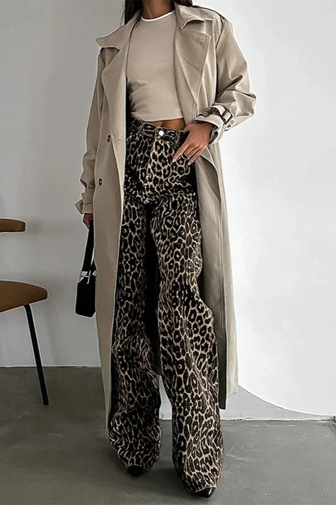 Button Multi Pockets Leopard Print Casual Pants-ROVOLE