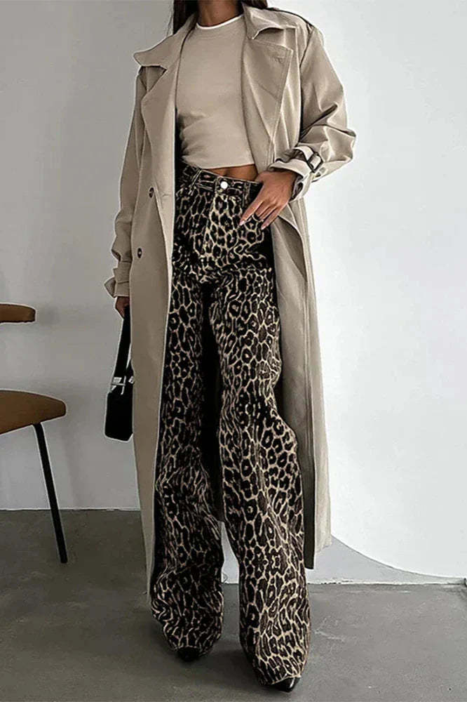 Button Multi Pockets Leopard Print Casual Pants-ROVOLE
