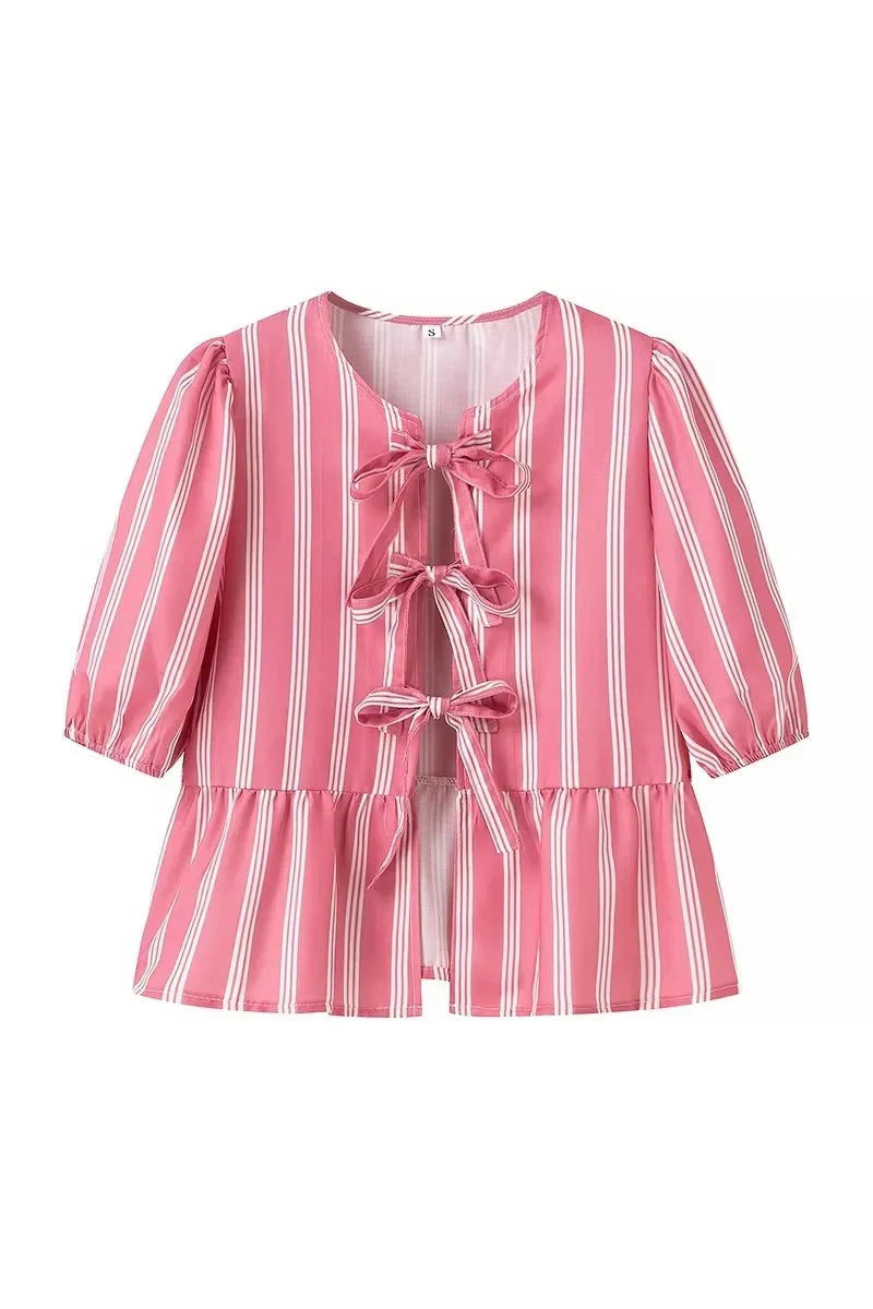 Stripes Puff Sleeve Peplum Bow Ties Blouse-ROVOLE