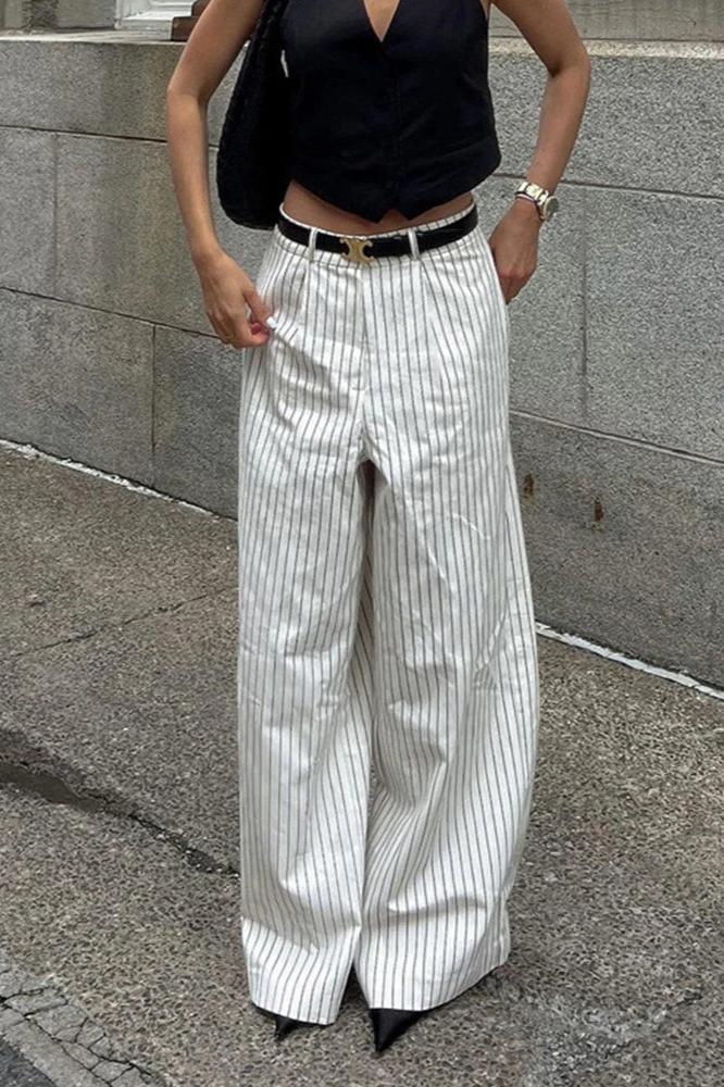 Striped Pockets Wide Leg Pants Without Belt-ROVOLE