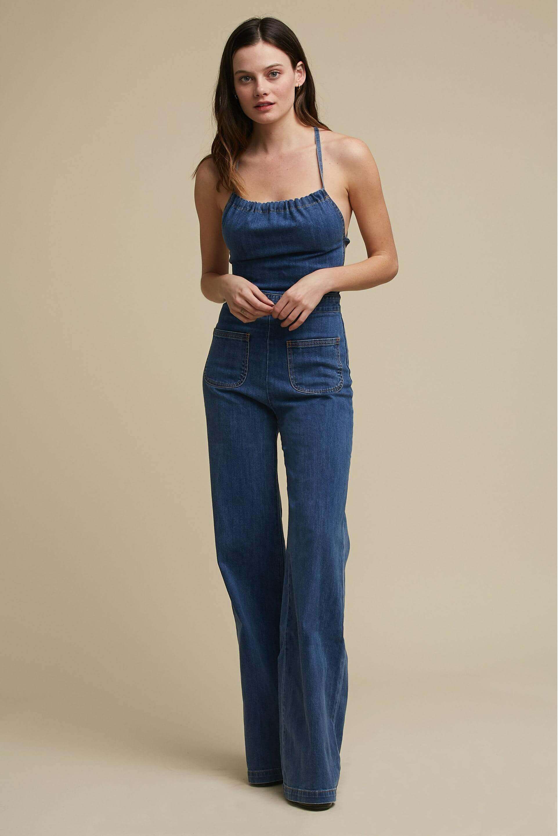 Flared Denim With Tie Back Jumpsuit-ROVOLE