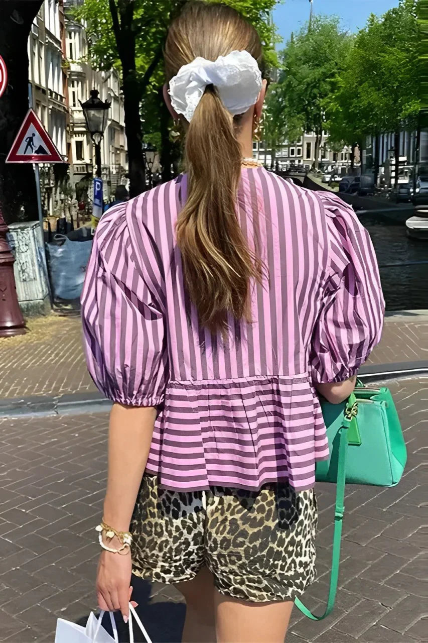 Stripes Puff Sleeve Peplum Bow Ties Blouse Short Top-ROVOLE