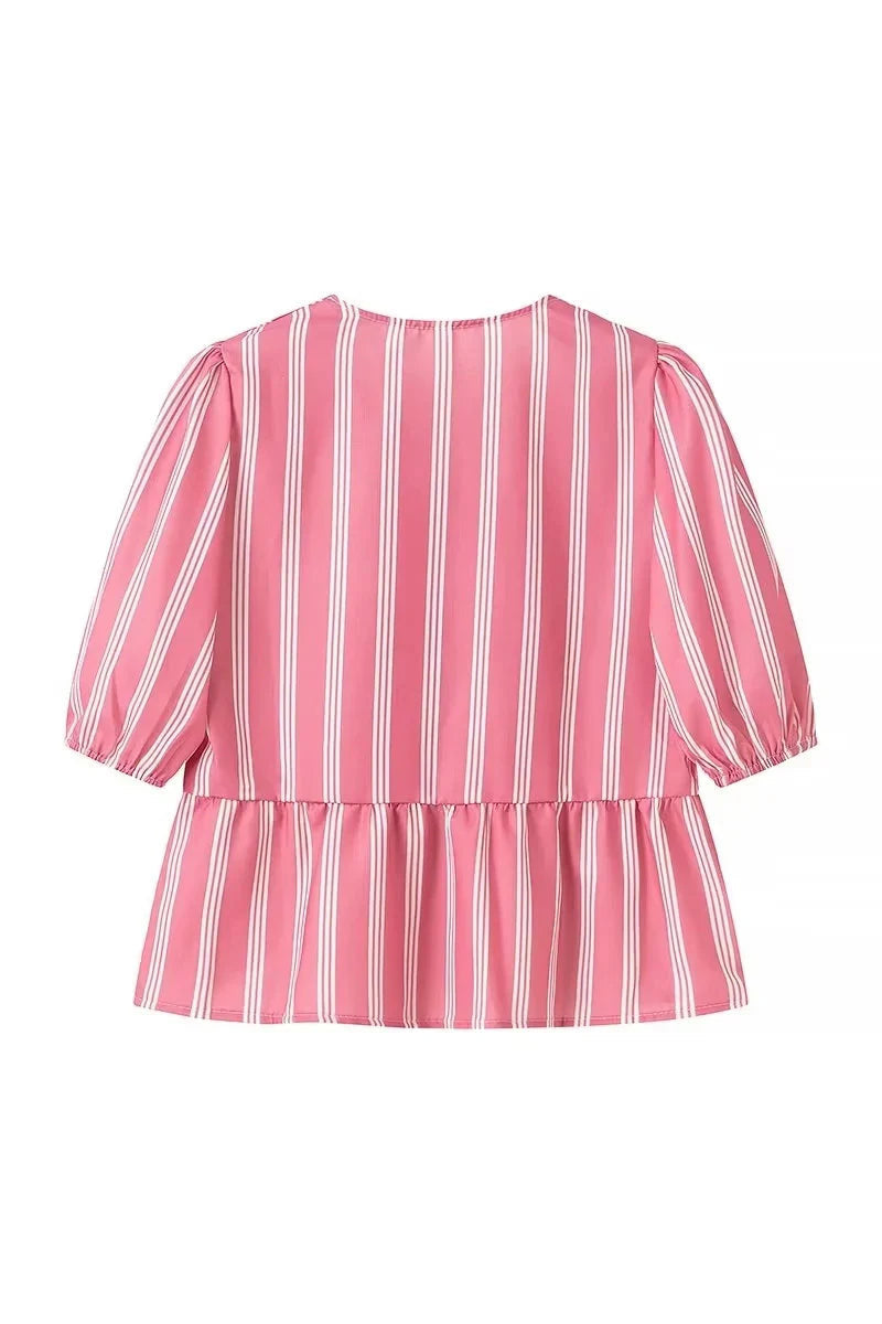 Stripes Puff Sleeve Peplum Bow Ties Blouse-ROVOLE