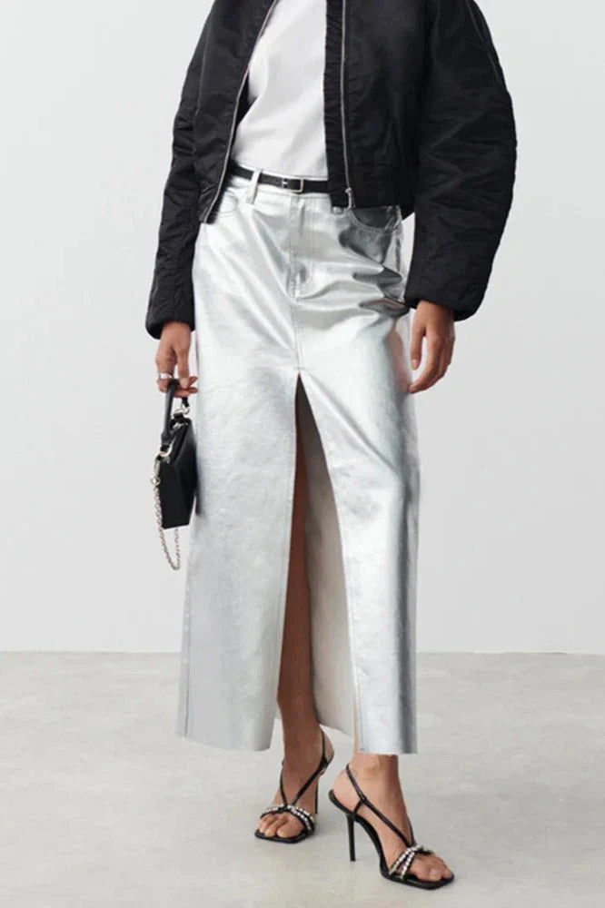 Silver High Waist Pencil Maxi Skirt-ROVOLE