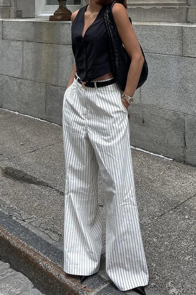 Striped Pockets Wide Leg Pants Without Belt-ROVOLE