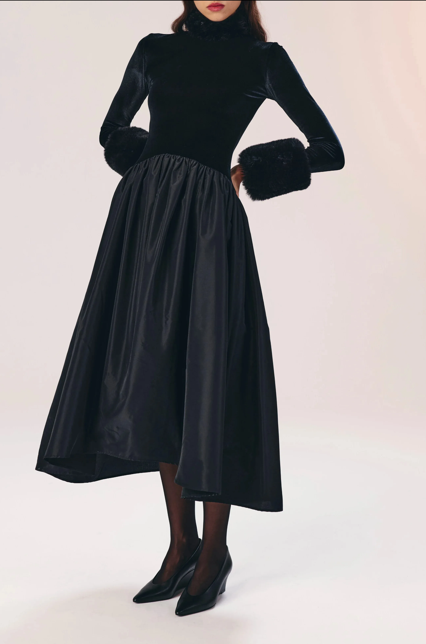 Fur-Lined Taffeta Midi Dress