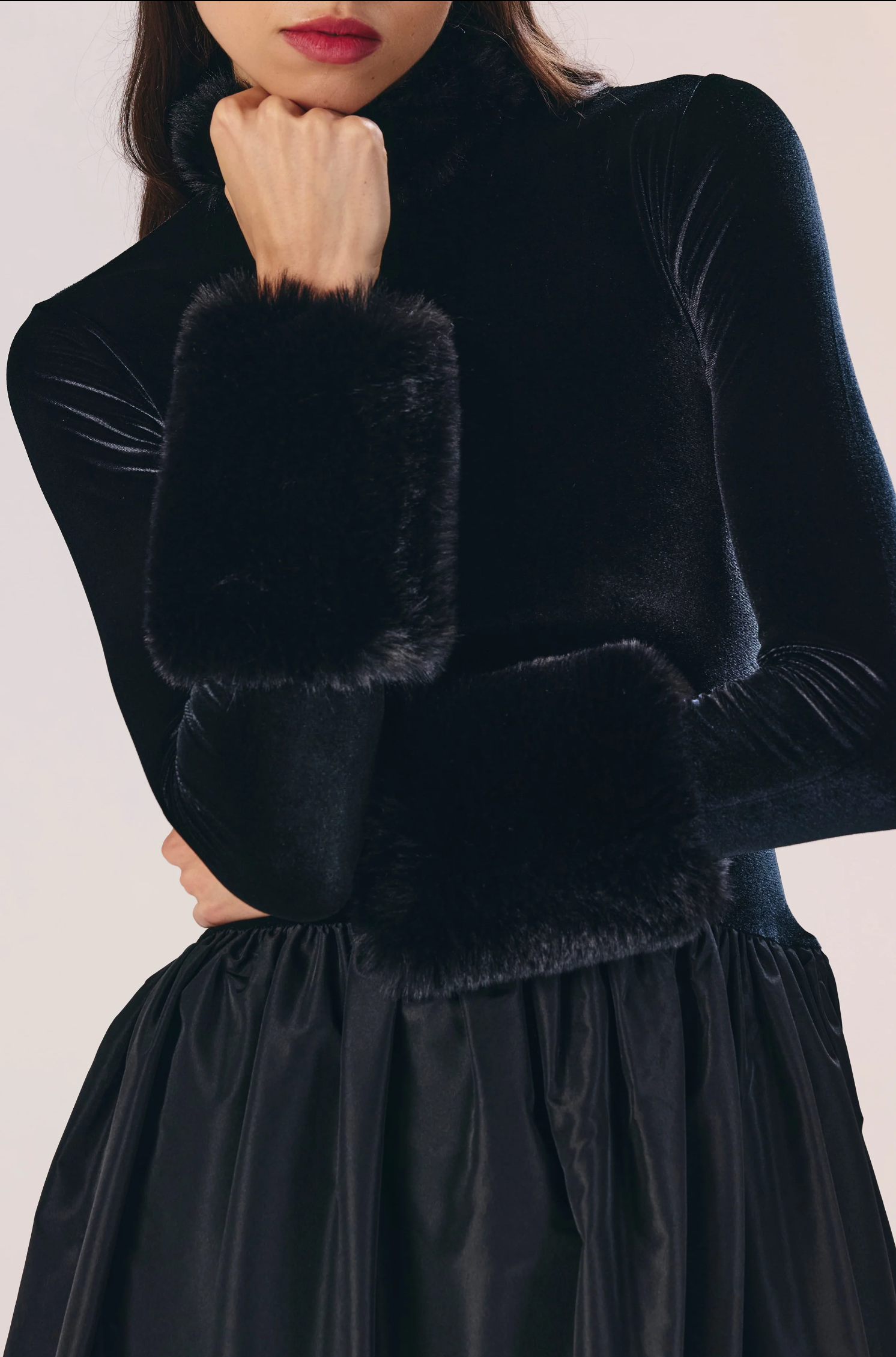 Fur-Lined Taffeta Midi Dress