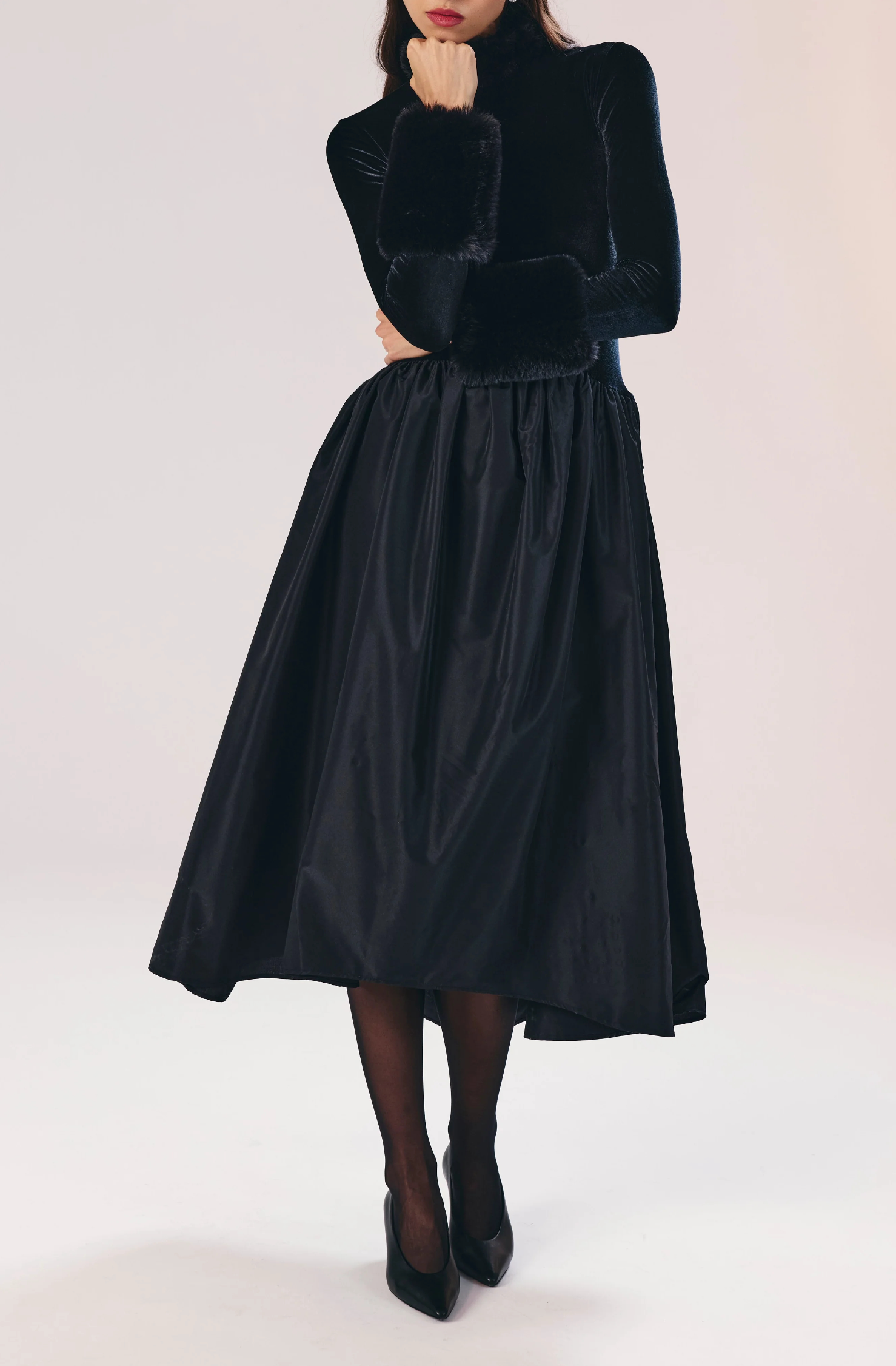 Fur-Lined Taffeta Midi Dress