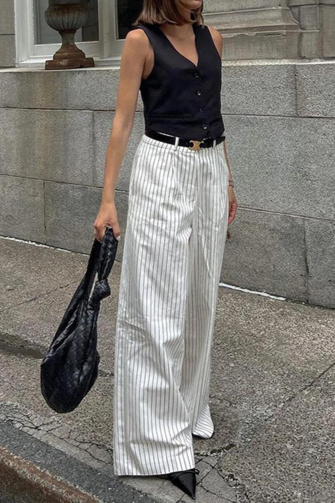 Striped Pockets Wide Leg Pants Without Belt-ROVOLE
