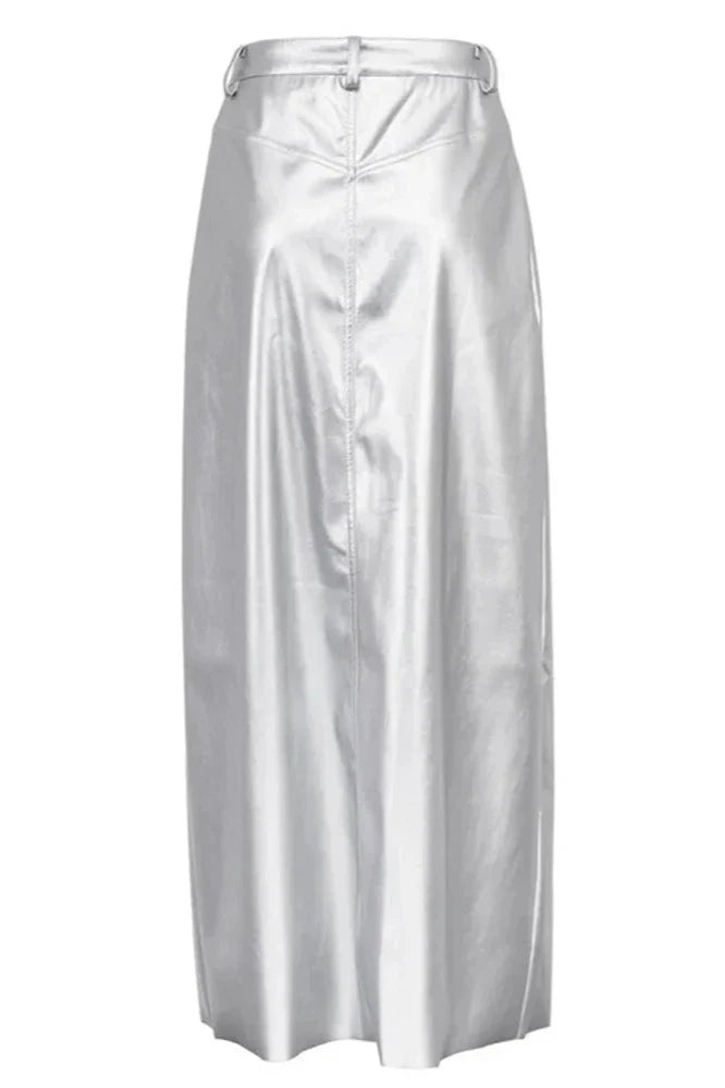 Silver High Waist Pencil Maxi Skirt-ROVOLE