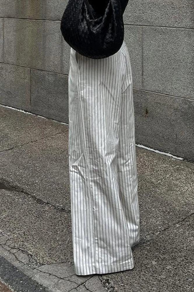 Striped Pockets Wide Leg Pants Without Belt-ROVOLE