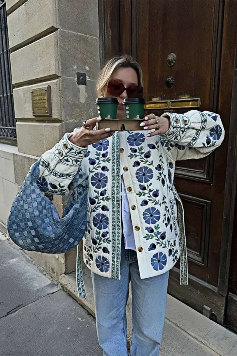 Casual Street Flowers Lace Up Buttons Patchwork O Neck Outerwear-ROVOLE