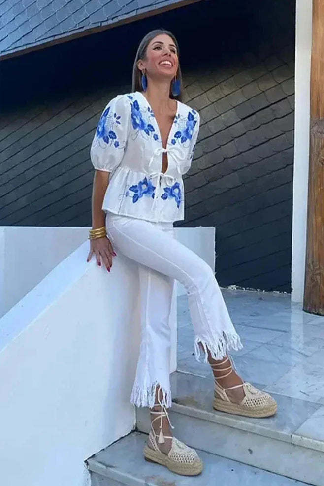 Floral Bowknot Peplum Blouse-ROVOLE
