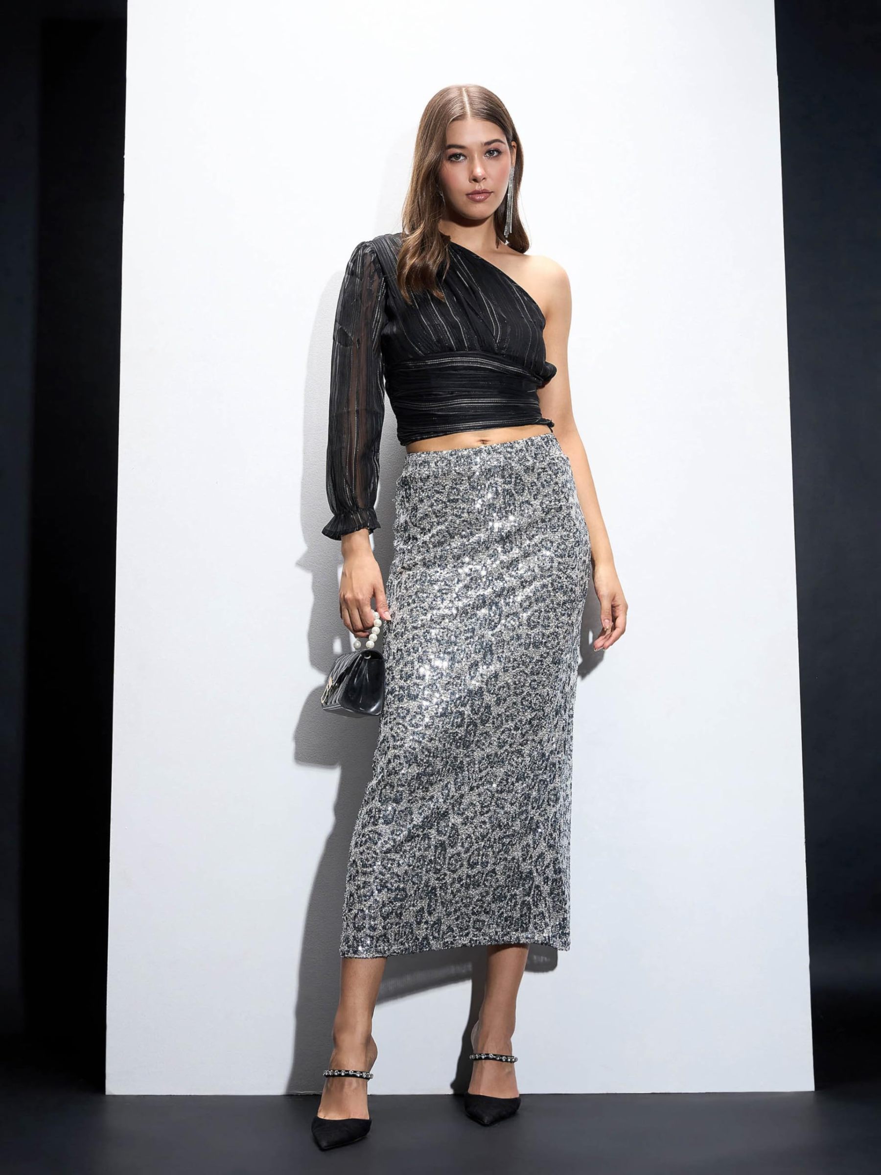 Midnight Sheer Leopard Skirt & Knit Top Set