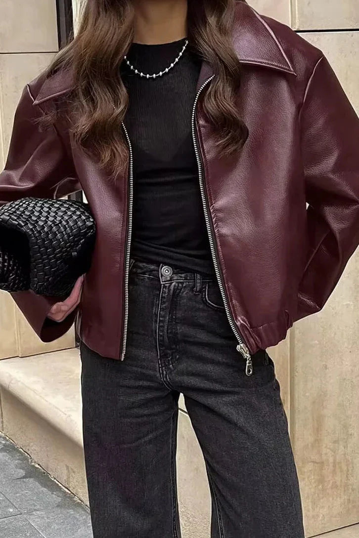 Stylish Lapel Leather Biker Jacket-ROVOLE