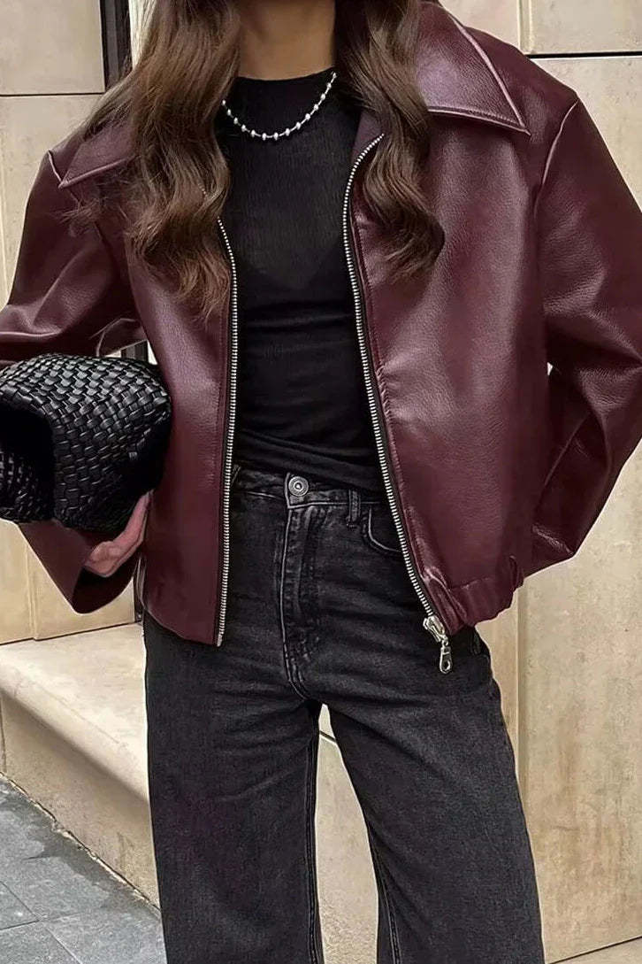 Stylish Lapel Leather Biker Jacket-ROVOLE
