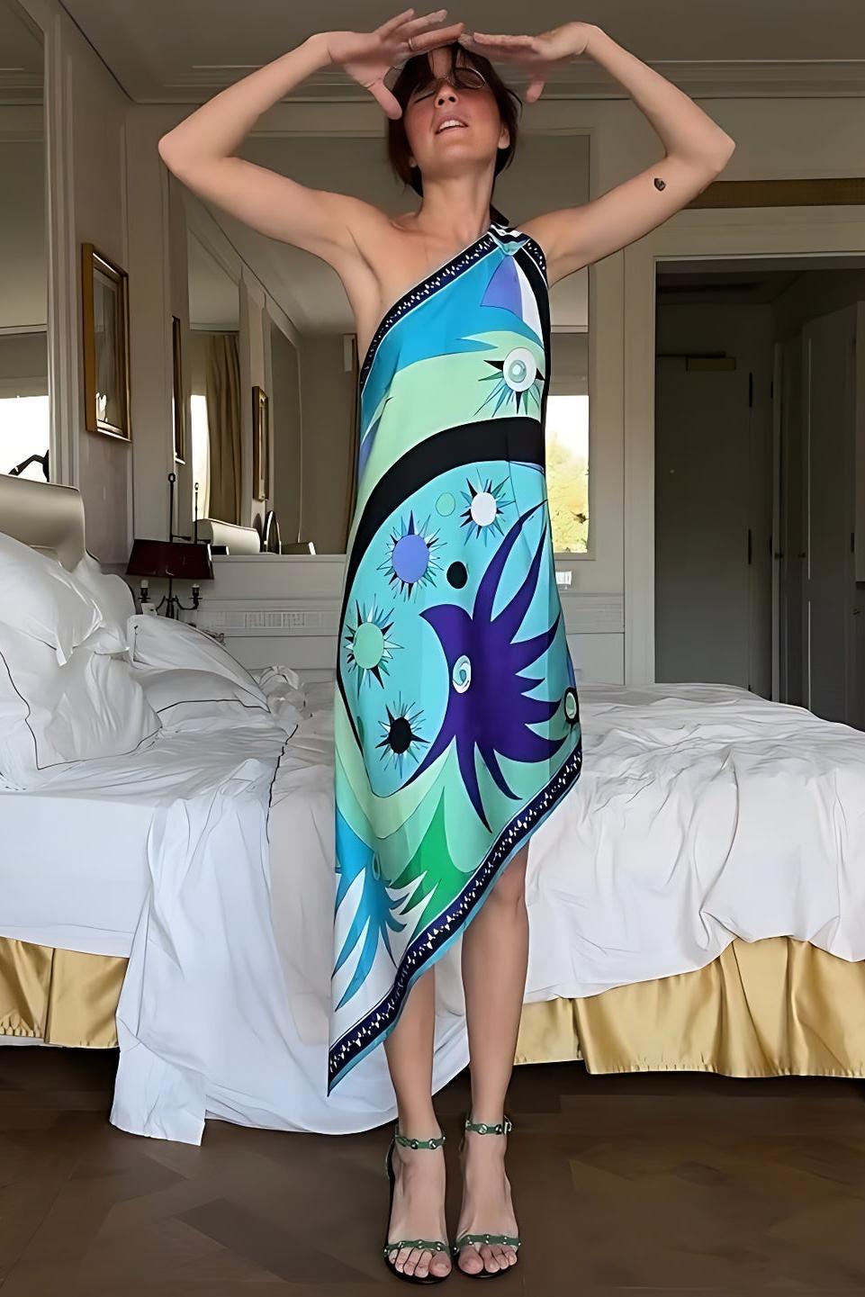 Stella Print Off-Shoulder Asymmetric Midi Dress-ROVOLE